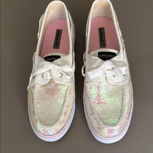 Sperry Top Sider Bahama Iridescent Sequin Pink White Boat Shoe. Size 11M.